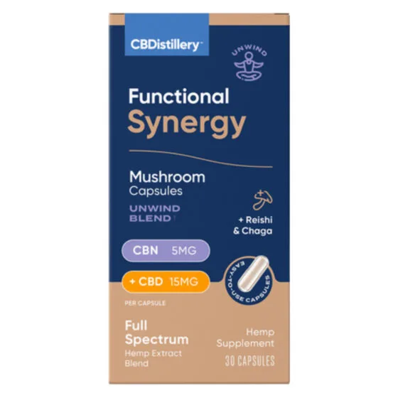 Functional Synergy CBN + CBD Capsules with Reishi & Chaga – Cbdistillery, mushroom gummies pack