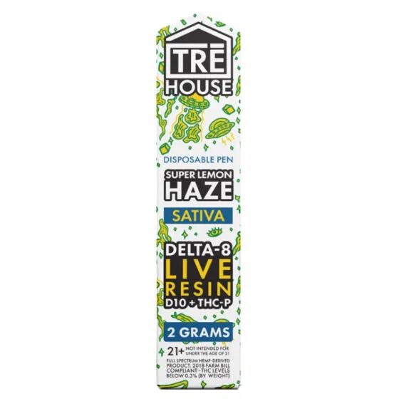 Live Resin Delta 8 THC Vape Pen with D10 + THC-P Super Lemon Haze – Sativa 2g – Trē House, THC vape pen