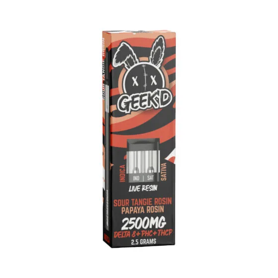 Live Resin Delta 8 THC Vape Pen with Phc + Thcjd – Sour Tangie Rosin & Papaya Rosin – 2.5g – Geek’d, THC vape pen